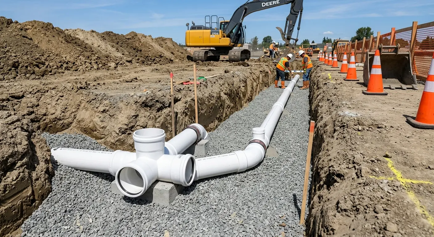 New PVC sewer pipe installation in open trench for Commercial Drain Cleaning in Fillmore