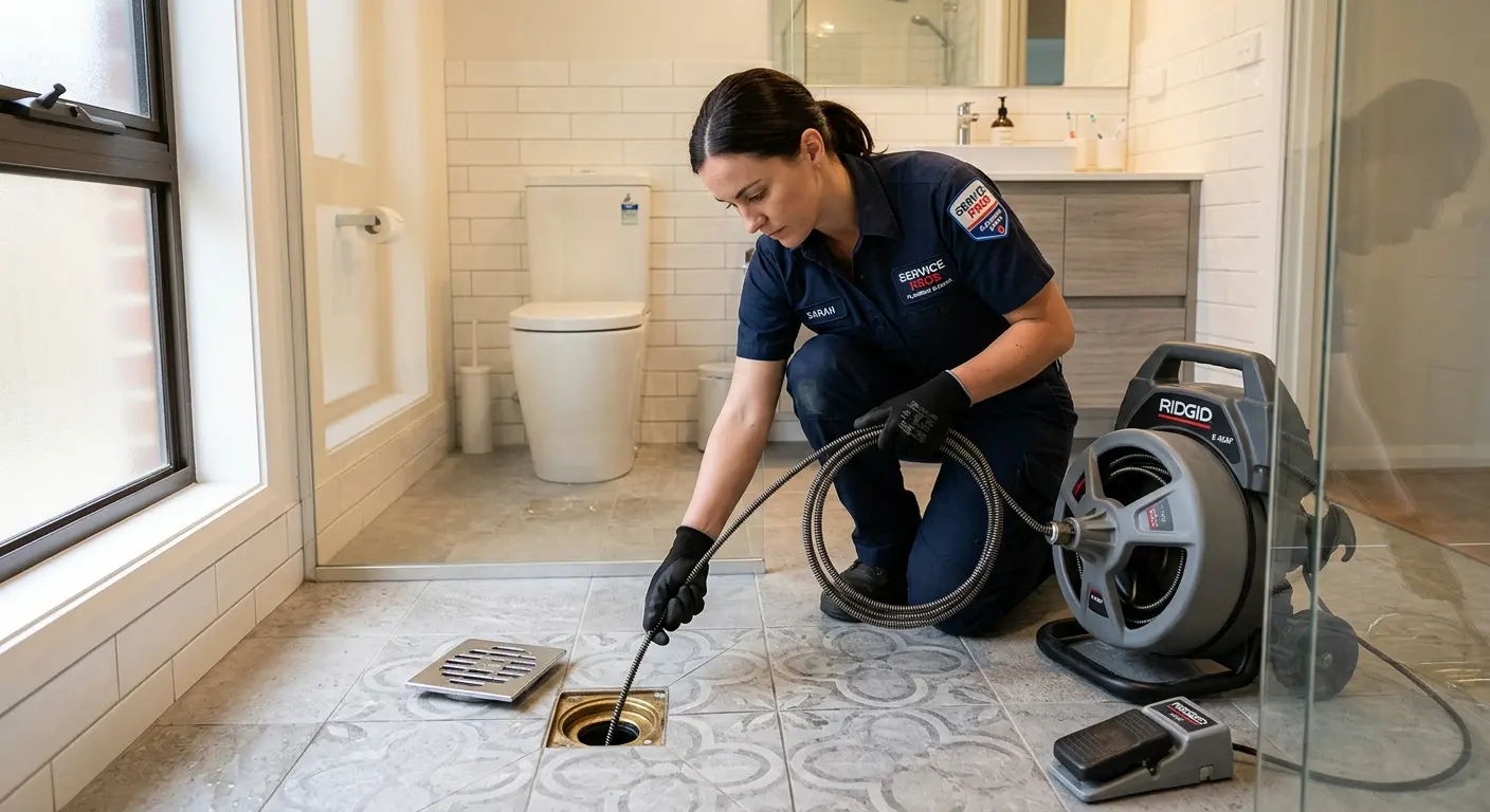 Technician clearing a bathroom floor drain for Drain Repair in Fillmore